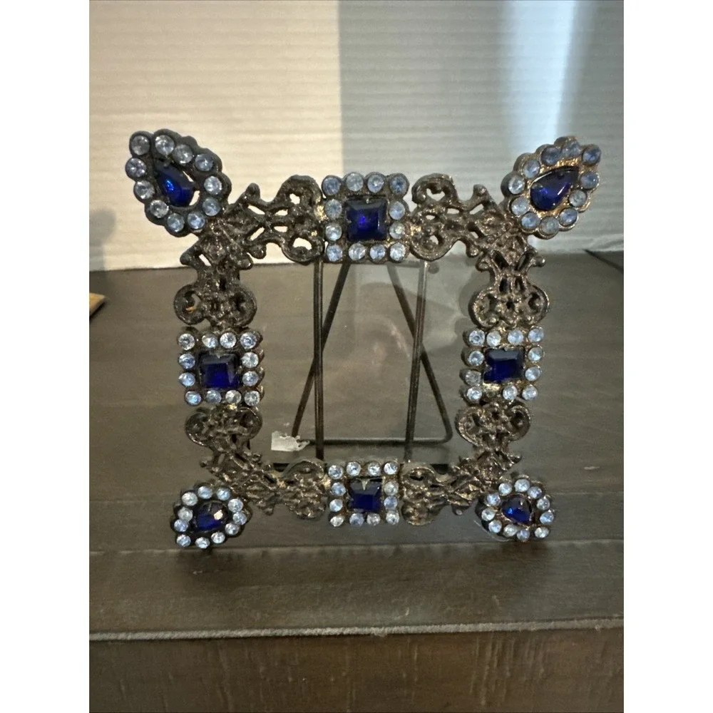 VTG Metal Photo Frame Cobalt Blue & Clear Crystals 2x2